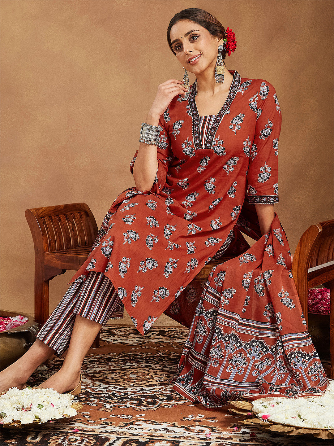 ResellerMart Women's Rust Pure Cotton Floral Printed Straight Kurta Set