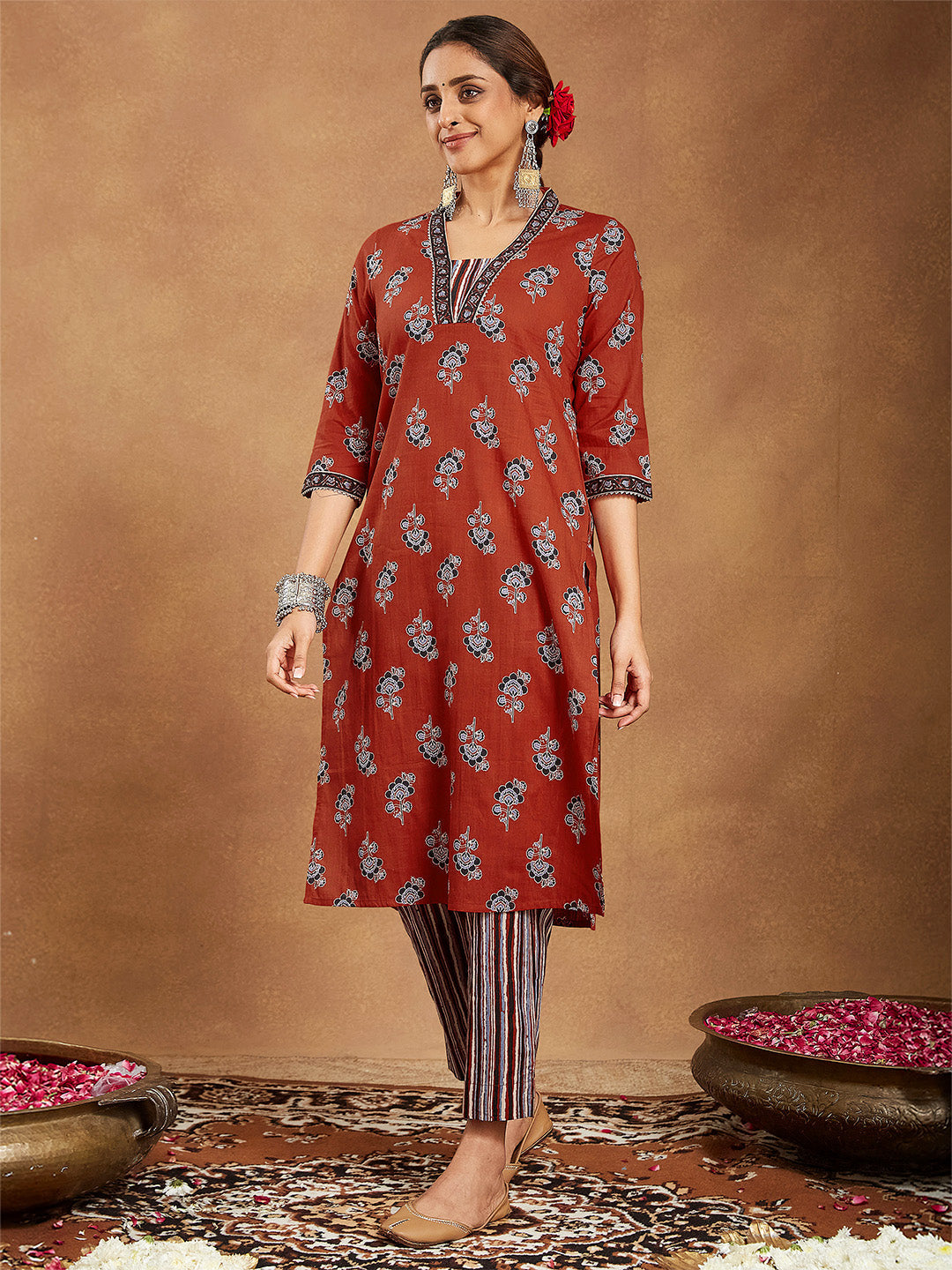 ResellerMart Women's Rust Pure Cotton Floral Printed Straight Kurta Set