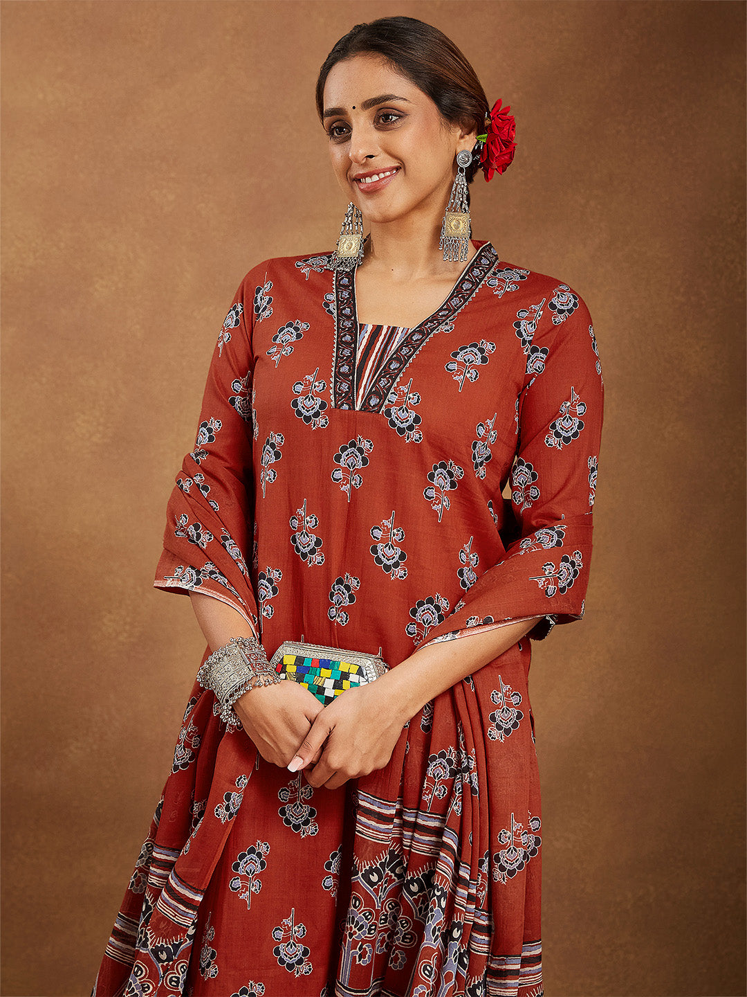 ResellerMart Women's Rust Pure Cotton Floral Printed Straight Kurta Set