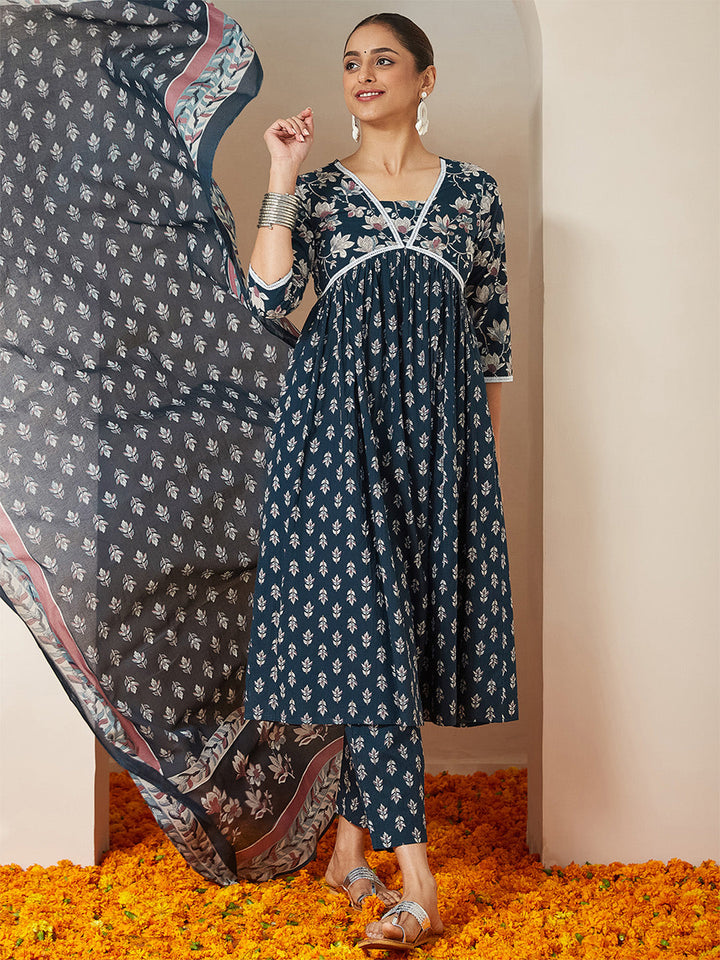 ResellerMart Women's Teal Blue Pure Cotton Floral Printed A-line Kurta Set