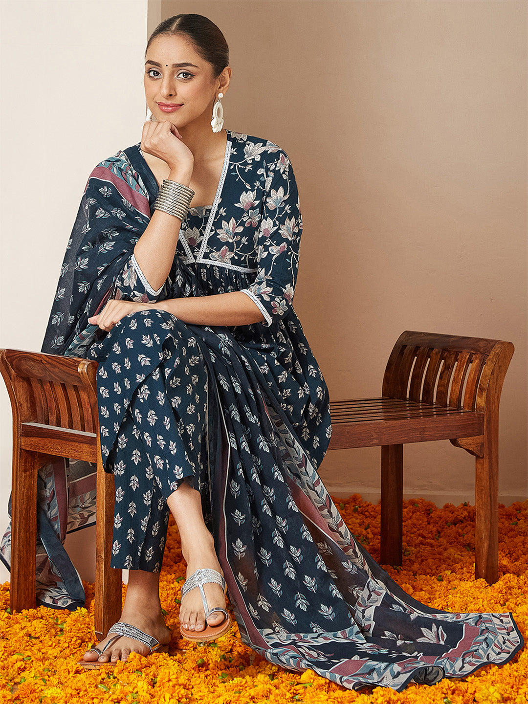 ResellerMart Women's Teal Blue Pure Cotton Floral Printed A-line Kurta Set