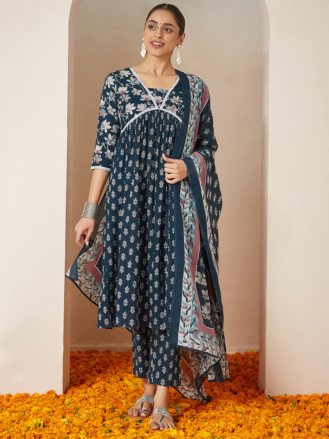 ResellerMart Women's Teal Blue Pure Cotton Floral Printed A-line Kurta Set