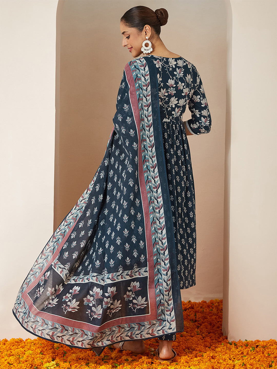 ResellerMart Women's Teal Blue Pure Cotton Floral Printed A-line Kurta Set