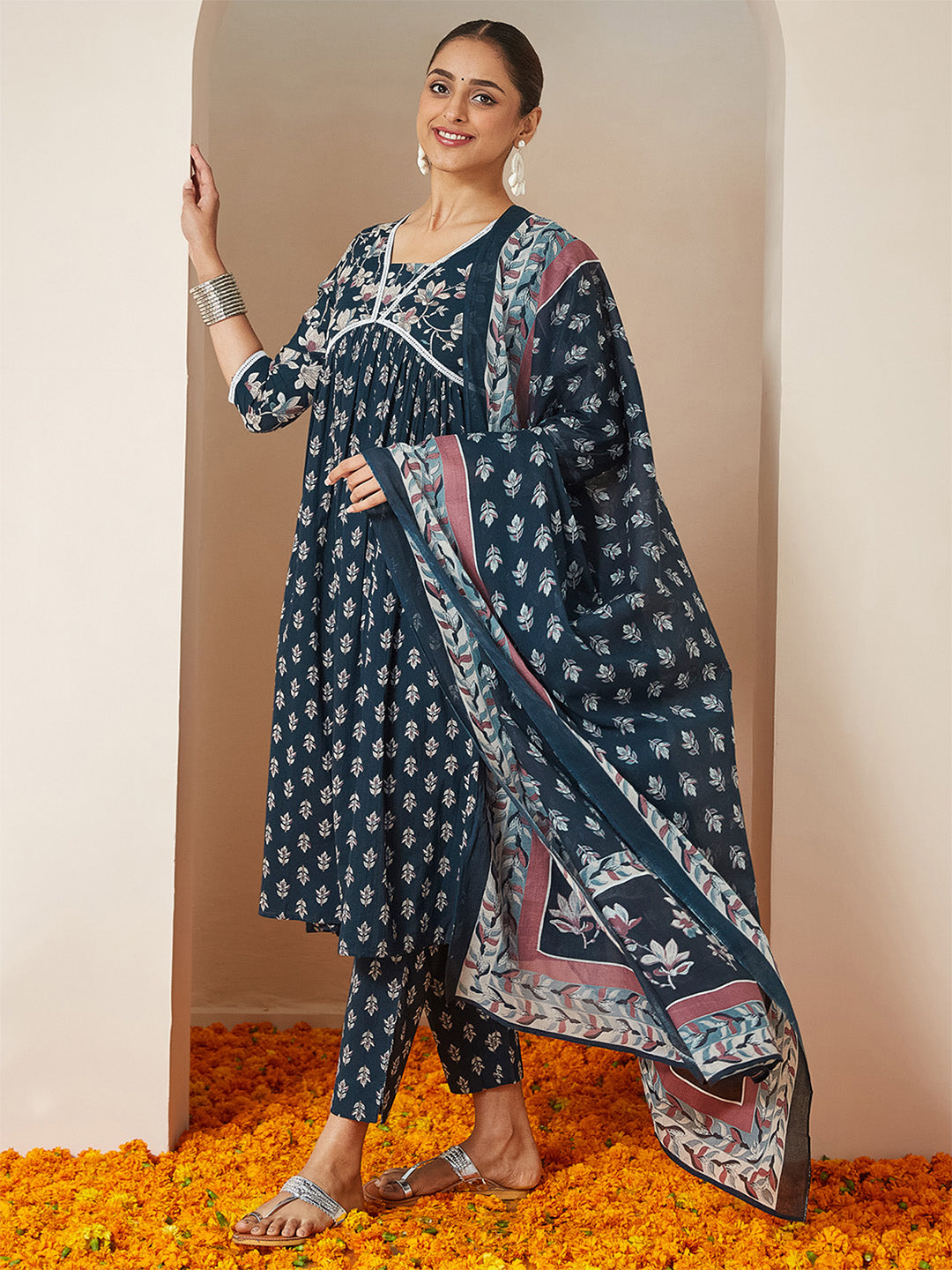 ResellerMart Women's Teal Blue Pure Cotton Floral Printed A-line Kurta Set