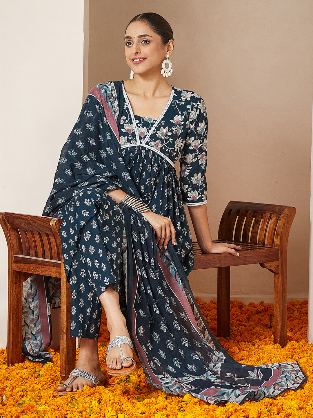 ResellerMart Women's Teal Blue Pure Cotton Floral Printed A-line Kurta Set