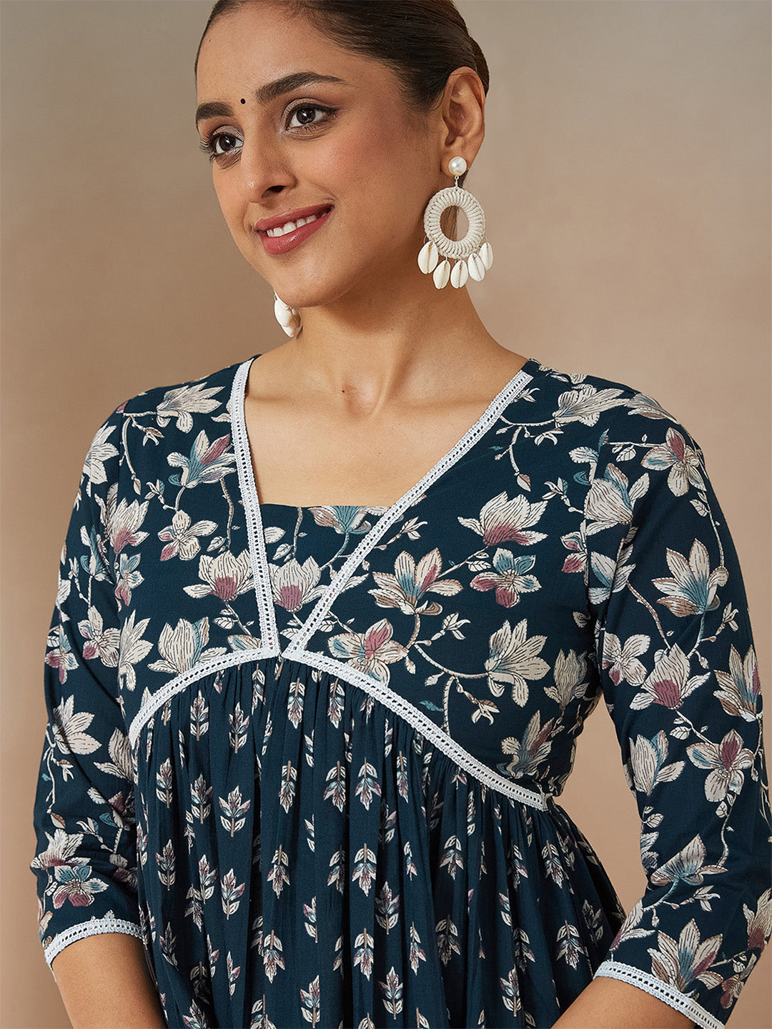 ResellerMart Women's Teal Blue Pure Cotton Floral Printed A-line Kurta Set