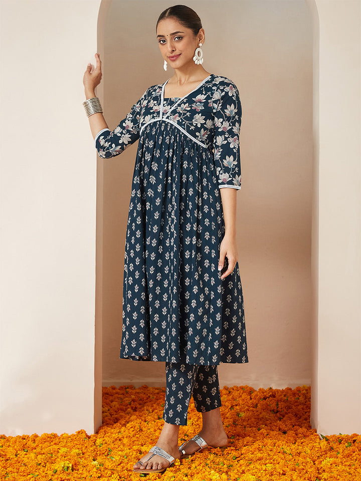 ResellerMart Women's Teal Blue Pure Cotton Floral Printed A-line Kurta Set
