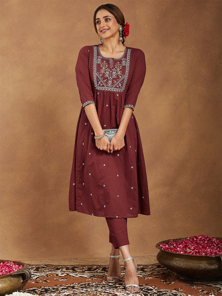 ResellerMart Women's Maroon Pure Cotton Embroidered A-line Kurta With Pant Set