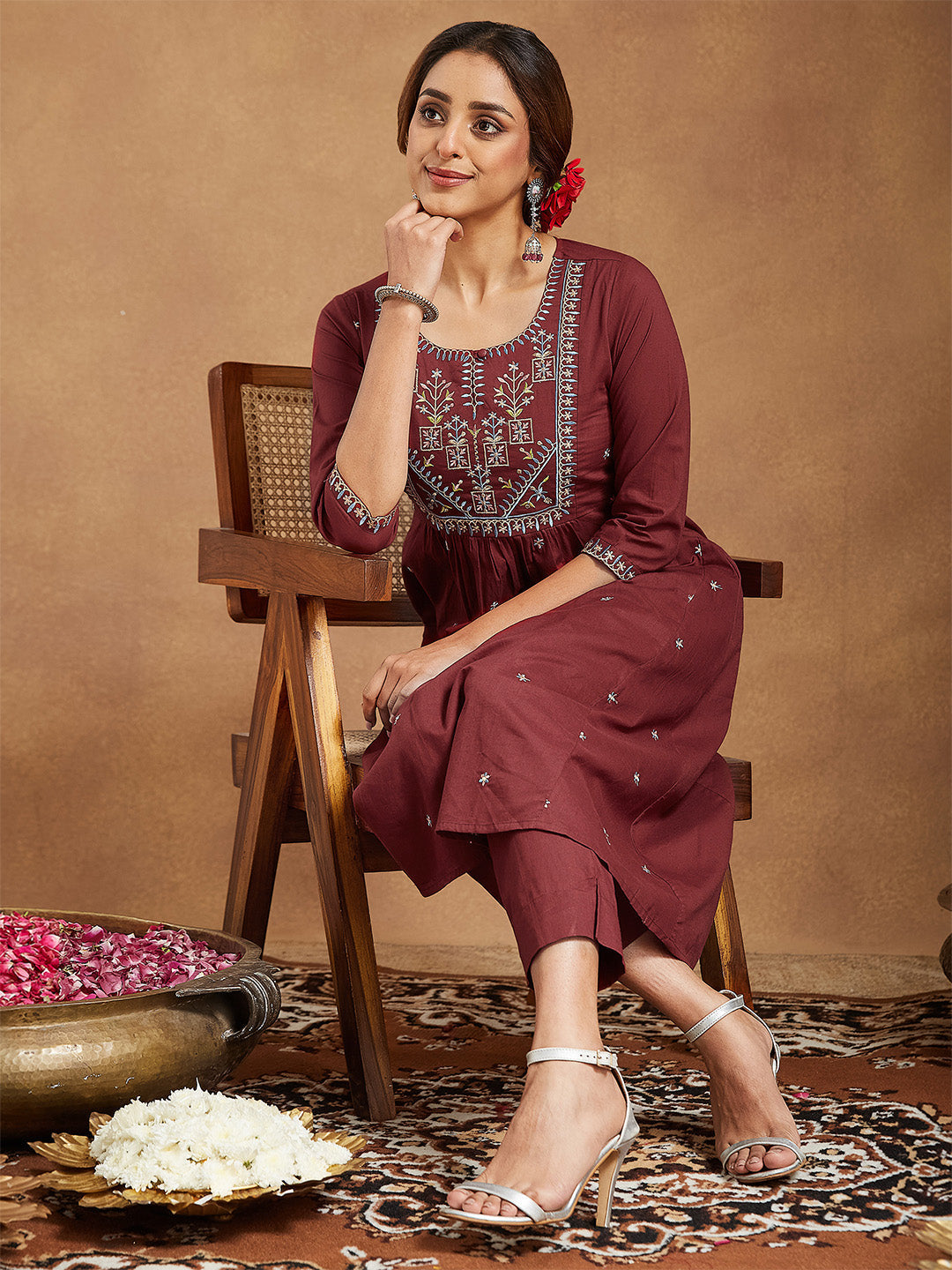 ResellerMart Women's Maroon Pure Cotton Embroidered A-line Kurta With Pant Set