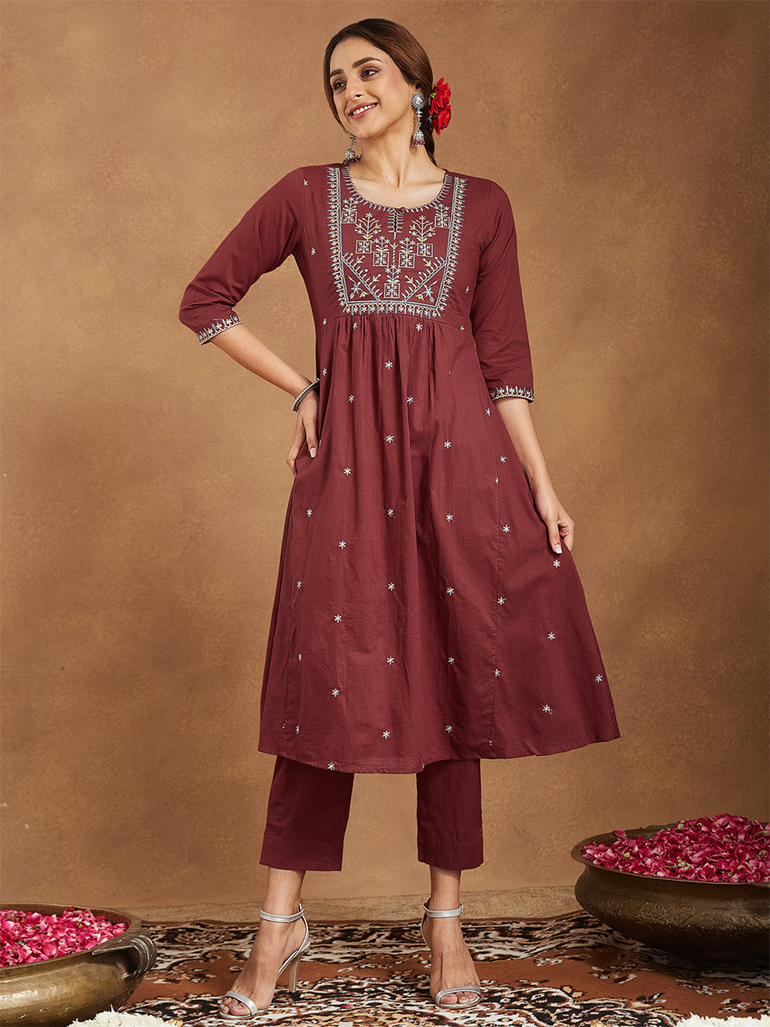 ResellerMart Women's Maroon Pure Cotton Embroidered A-line Kurta With Pant Set