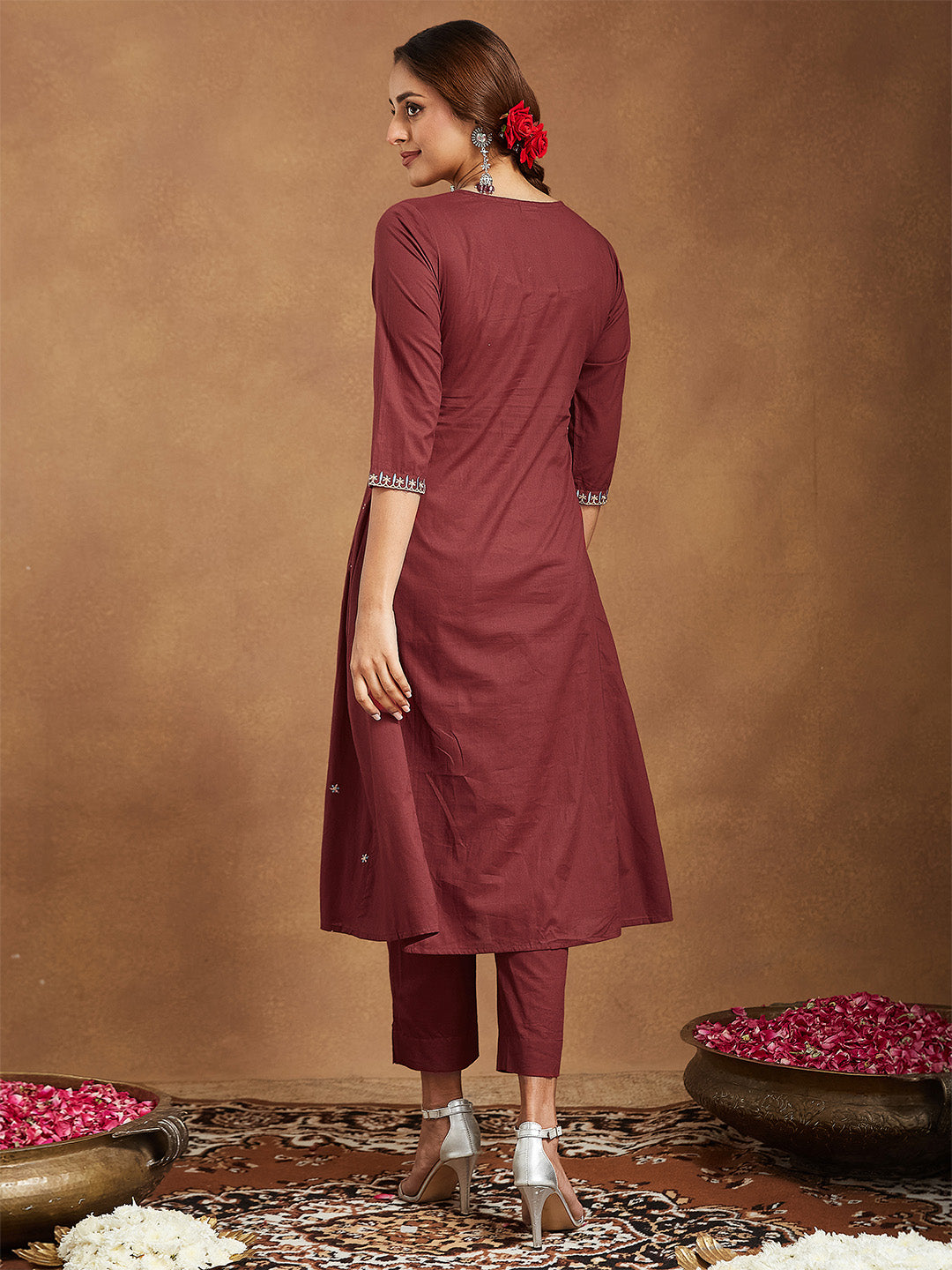 ResellerMart Women's Maroon Pure Cotton Embroidered A-line Kurta With Pant Set