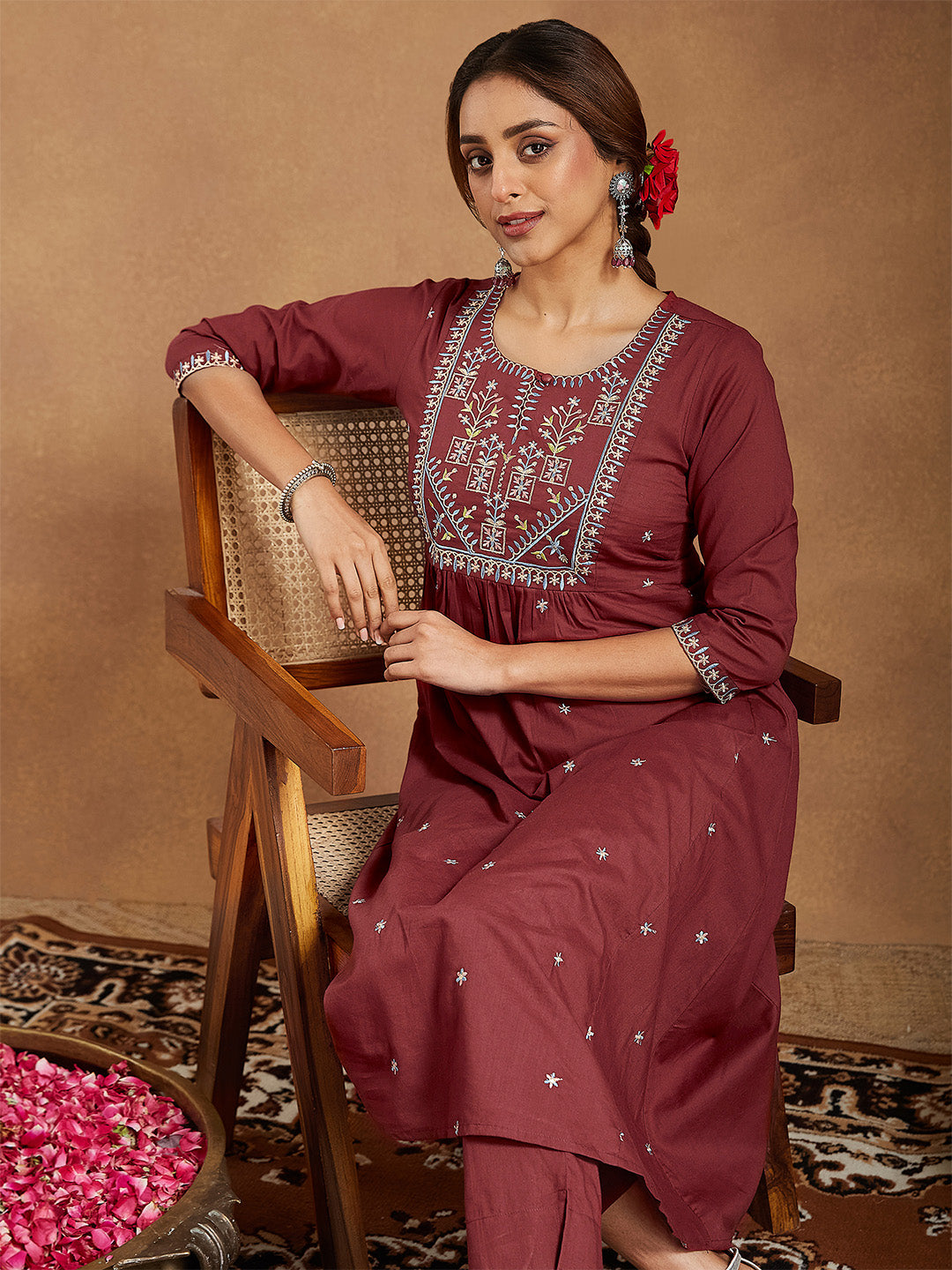 ResellerMart Women's Maroon Pure Cotton Embroidered A-line Kurta With Pant Set