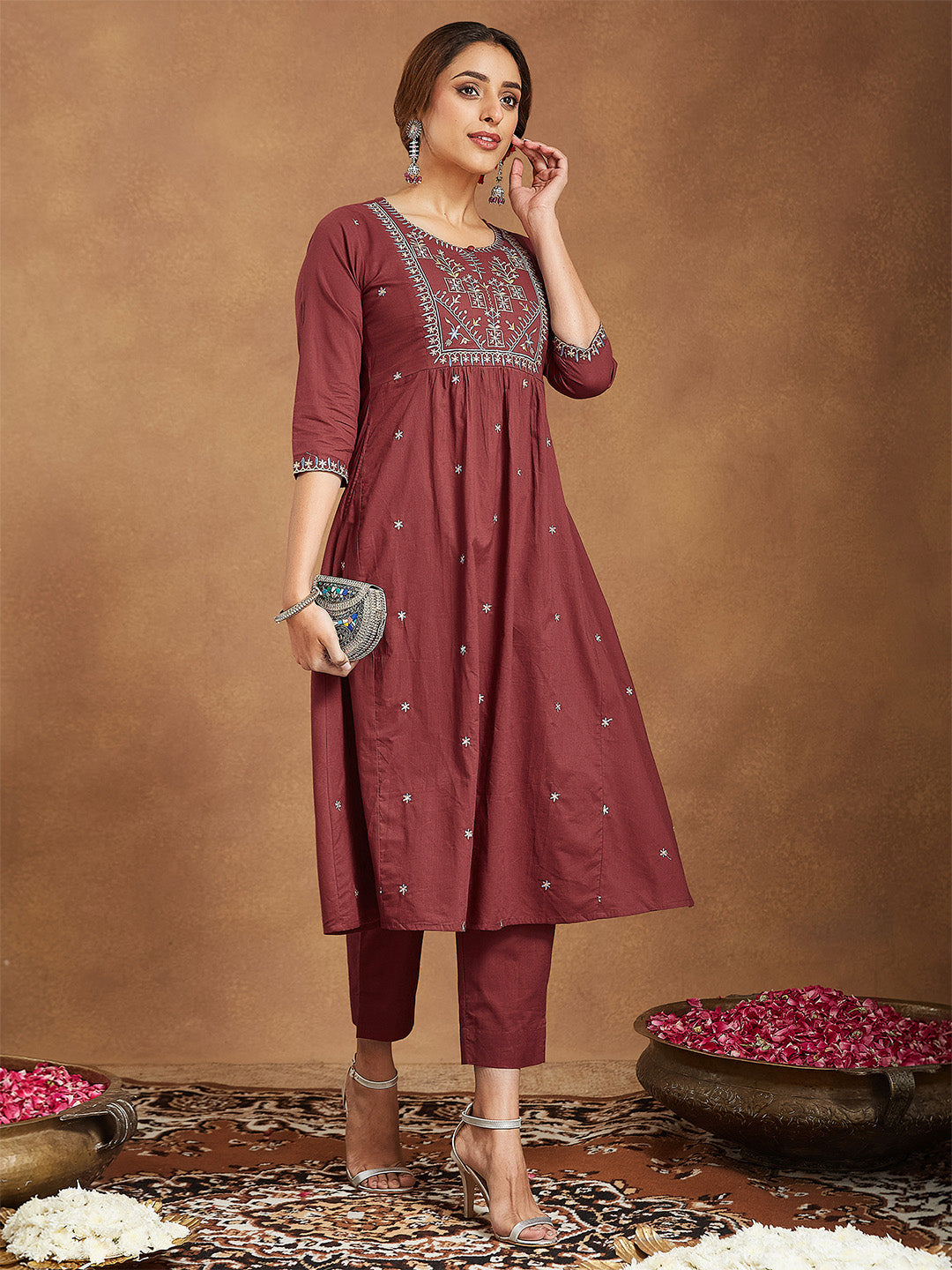 ResellerMart Women's Maroon Pure Cotton Embroidered A-line Kurta With Pant Set