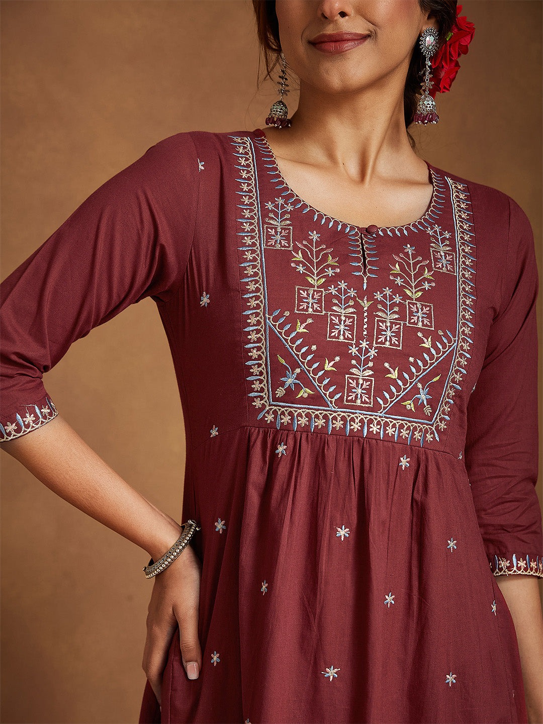 ResellerMart Women's Maroon Pure Cotton Embroidered A-line Kurta With Pant Set