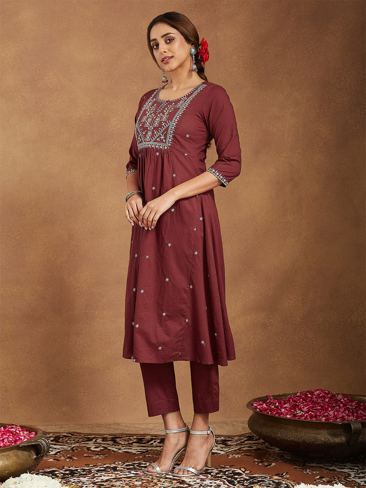 ResellerMart Women's Maroon Pure Cotton Embroidered A-line Kurta With Pant Set