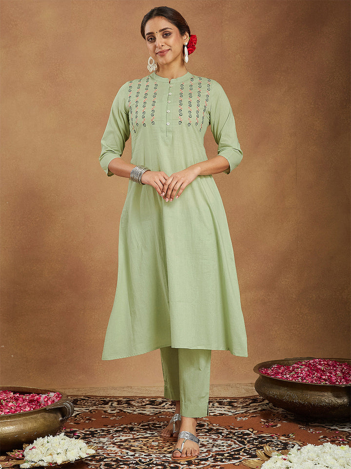 ResellerMart Women's Mint Green Pure Cotton Embroidered A-line Kurta Pant Set
