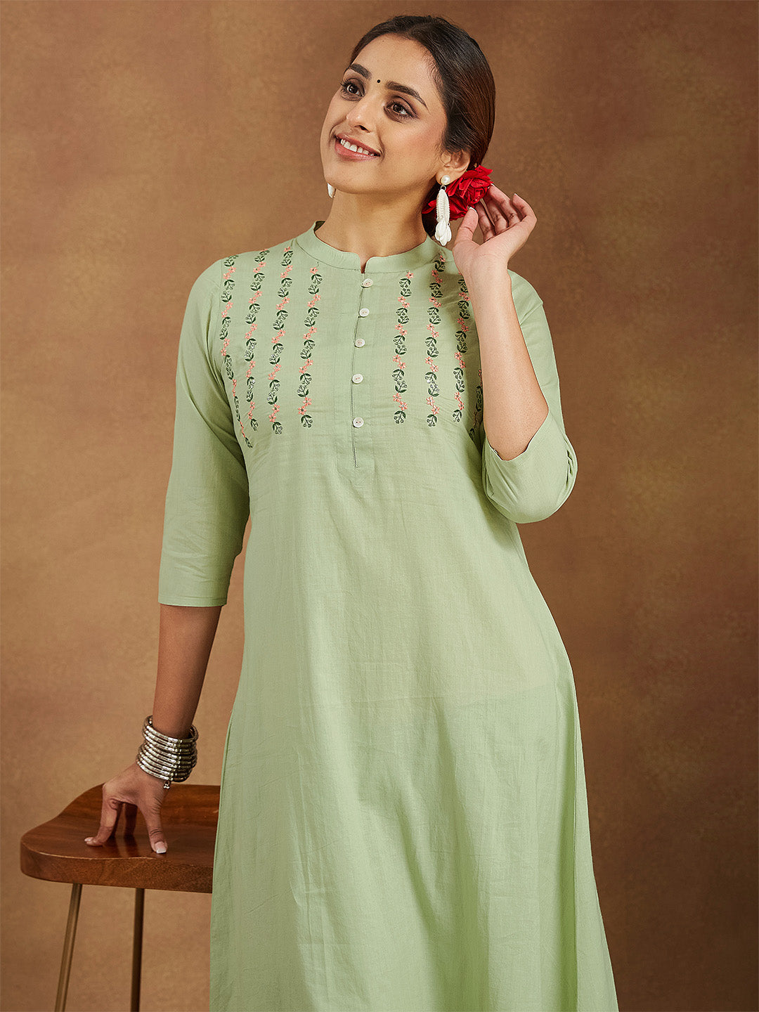 ResellerMart Women's Mint Green Pure Cotton Embroidered A-line Kurta Pant Set