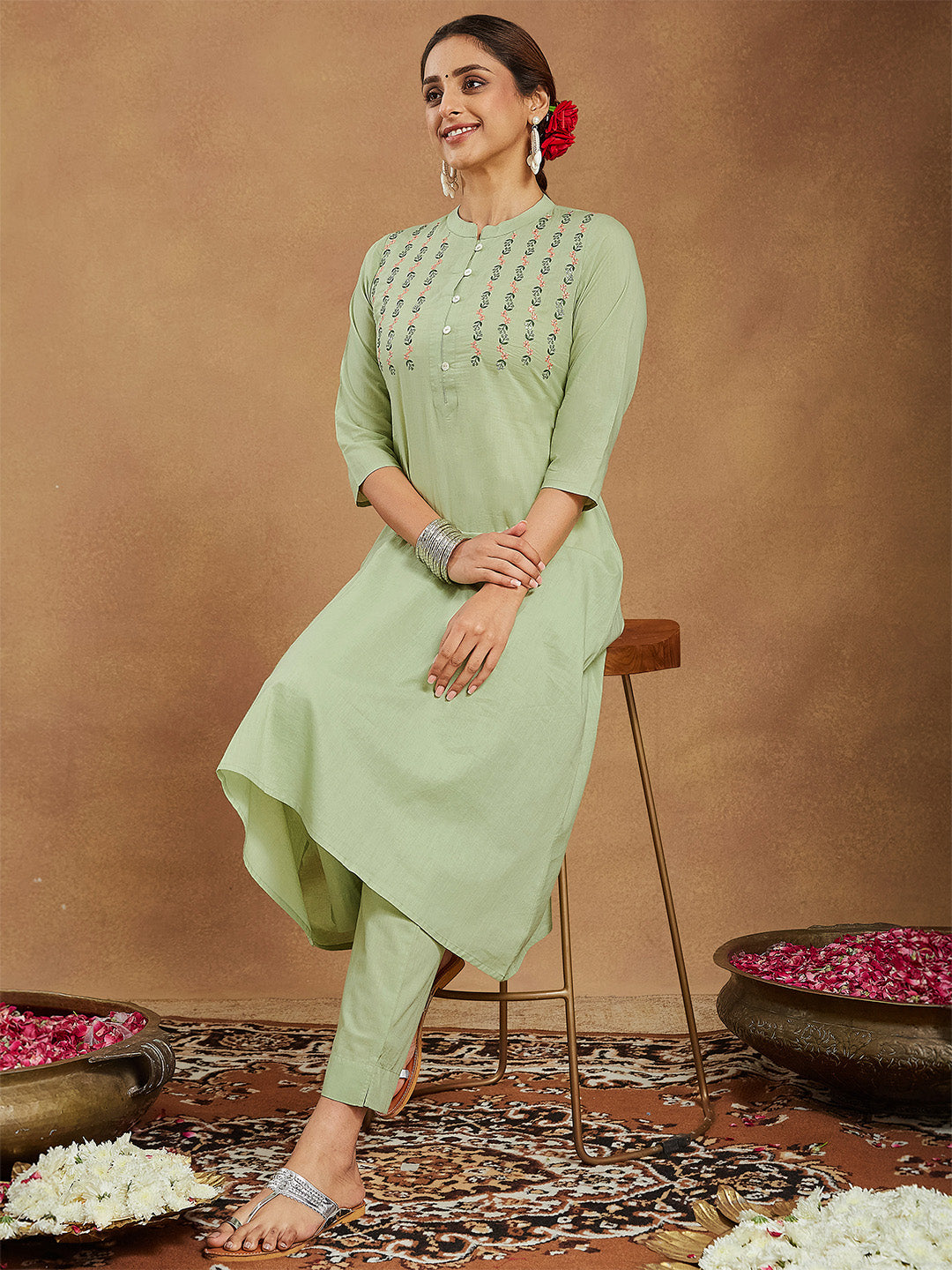 ResellerMart Women's Mint Green Pure Cotton Embroidered A-line Kurta Pant Set