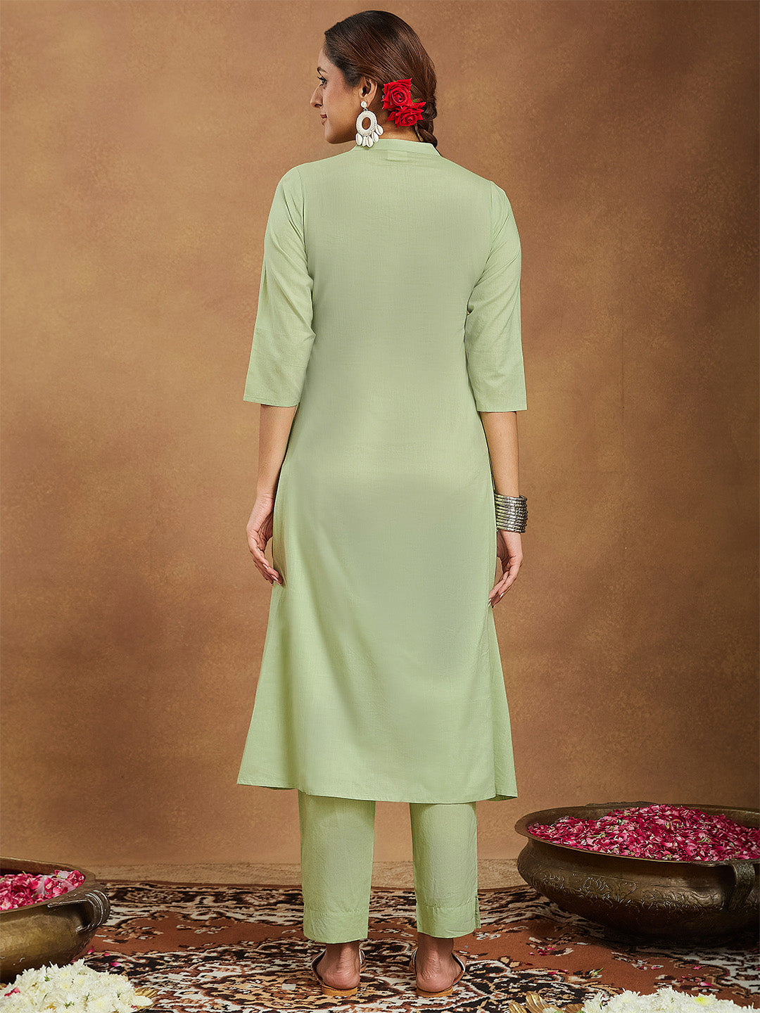 ResellerMart Women's Mint Green Pure Cotton Embroidered A-line Kurta Pant Set