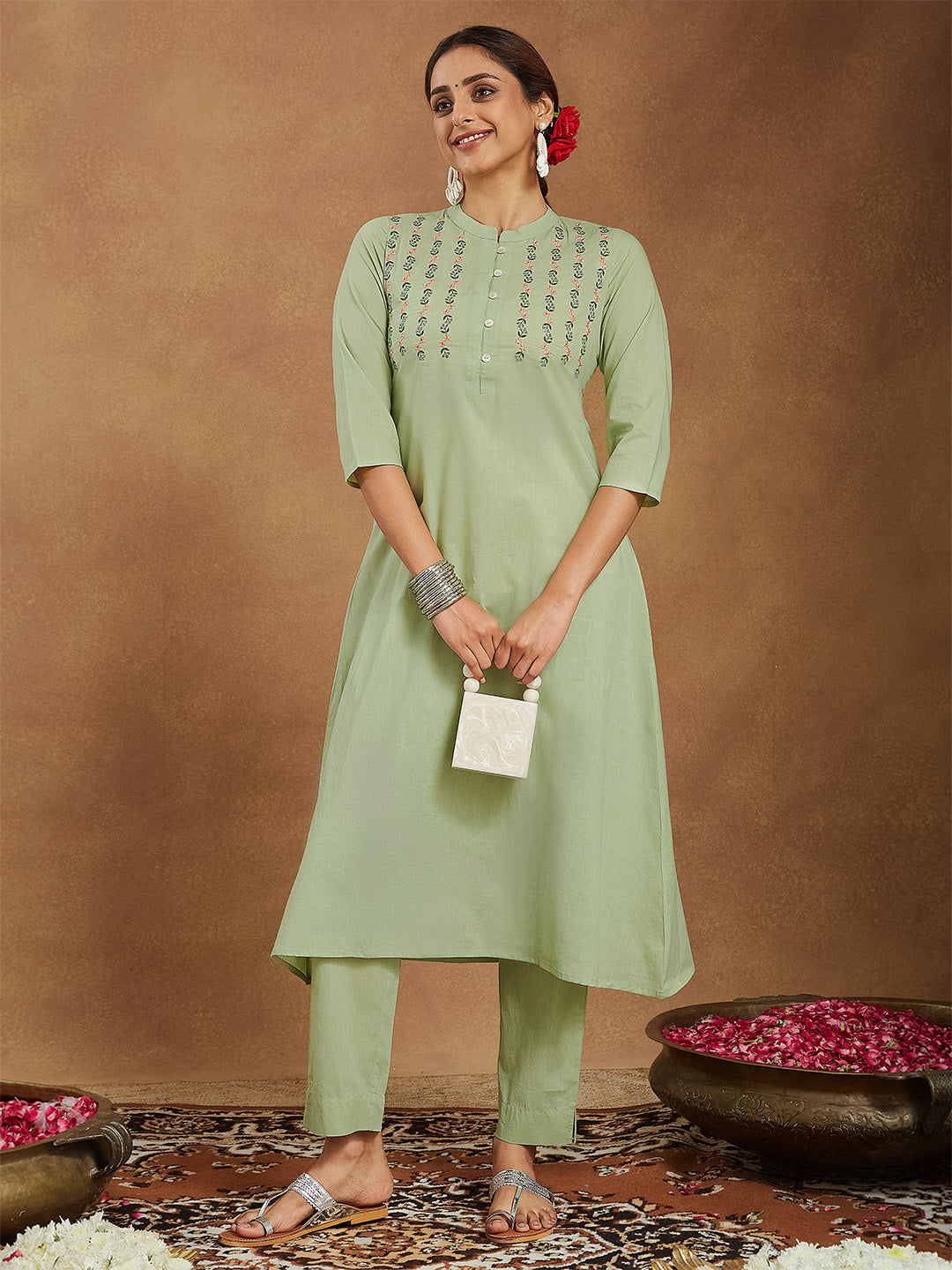 ResellerMart Women's Mint Green Pure Cotton Embroidered A-line Kurta Pant Set