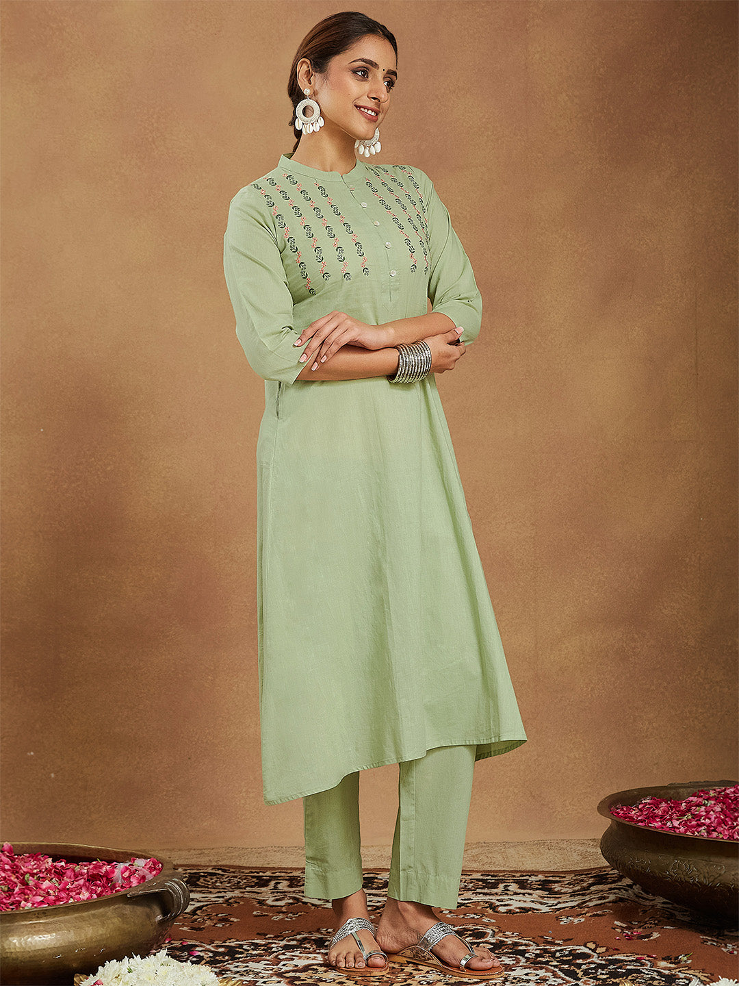 ResellerMart Women's Mint Green Pure Cotton Embroidered A-line Kurta Pant Set