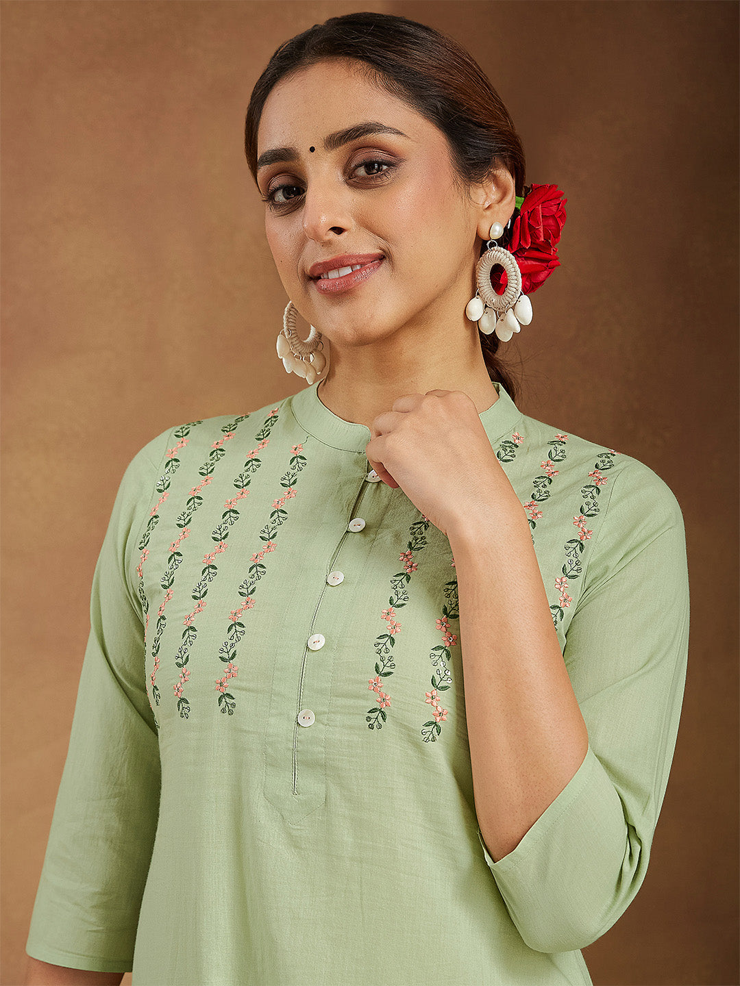 ResellerMart Women's Mint Green Pure Cotton Embroidered A-line Kurta Pant Set