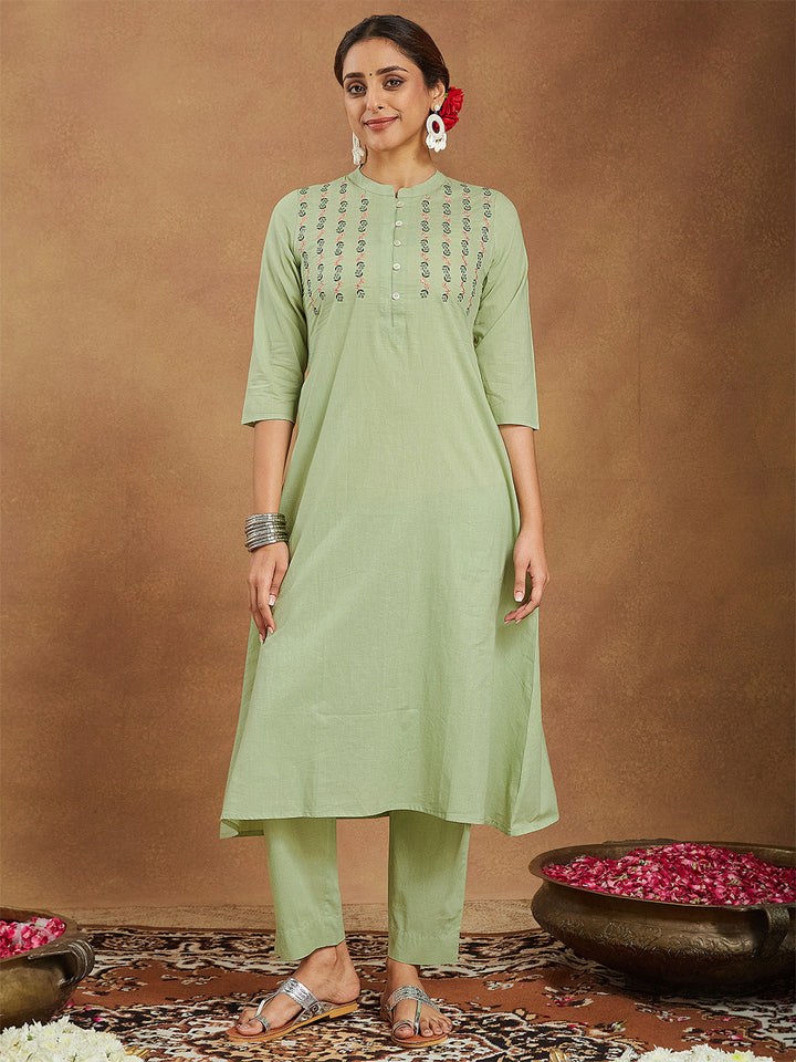 ResellerMart Women's Mint Green Pure Cotton Embroidered A-line Kurta Pant Set