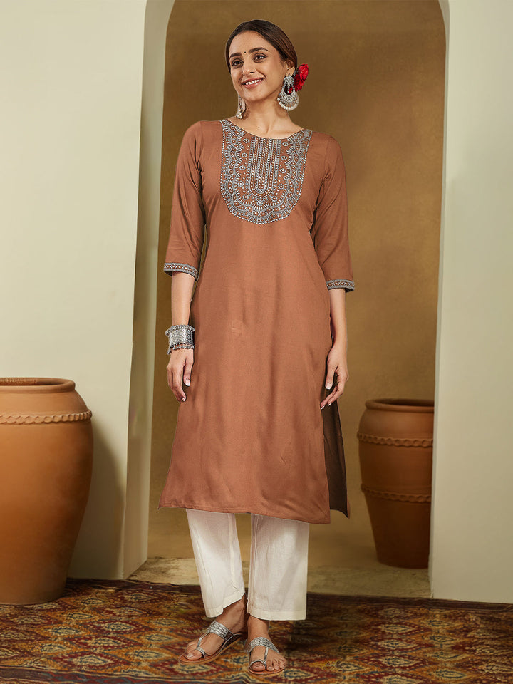 ResellerMart Women's Brown Rayon Embroidered Straight Kurta