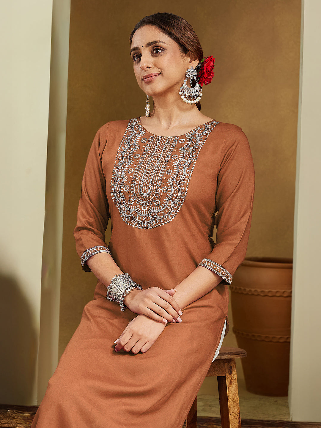 ResellerMart Women's Brown Rayon Embroidered Straight Kurta