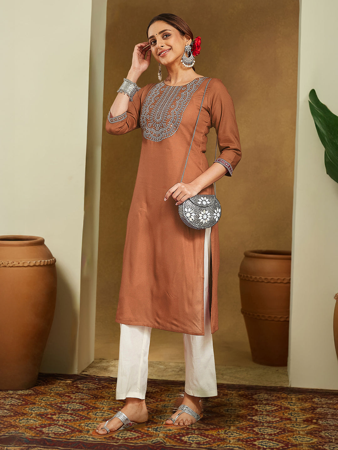 ResellerMart Women's Brown Rayon Embroidered Straight Kurta