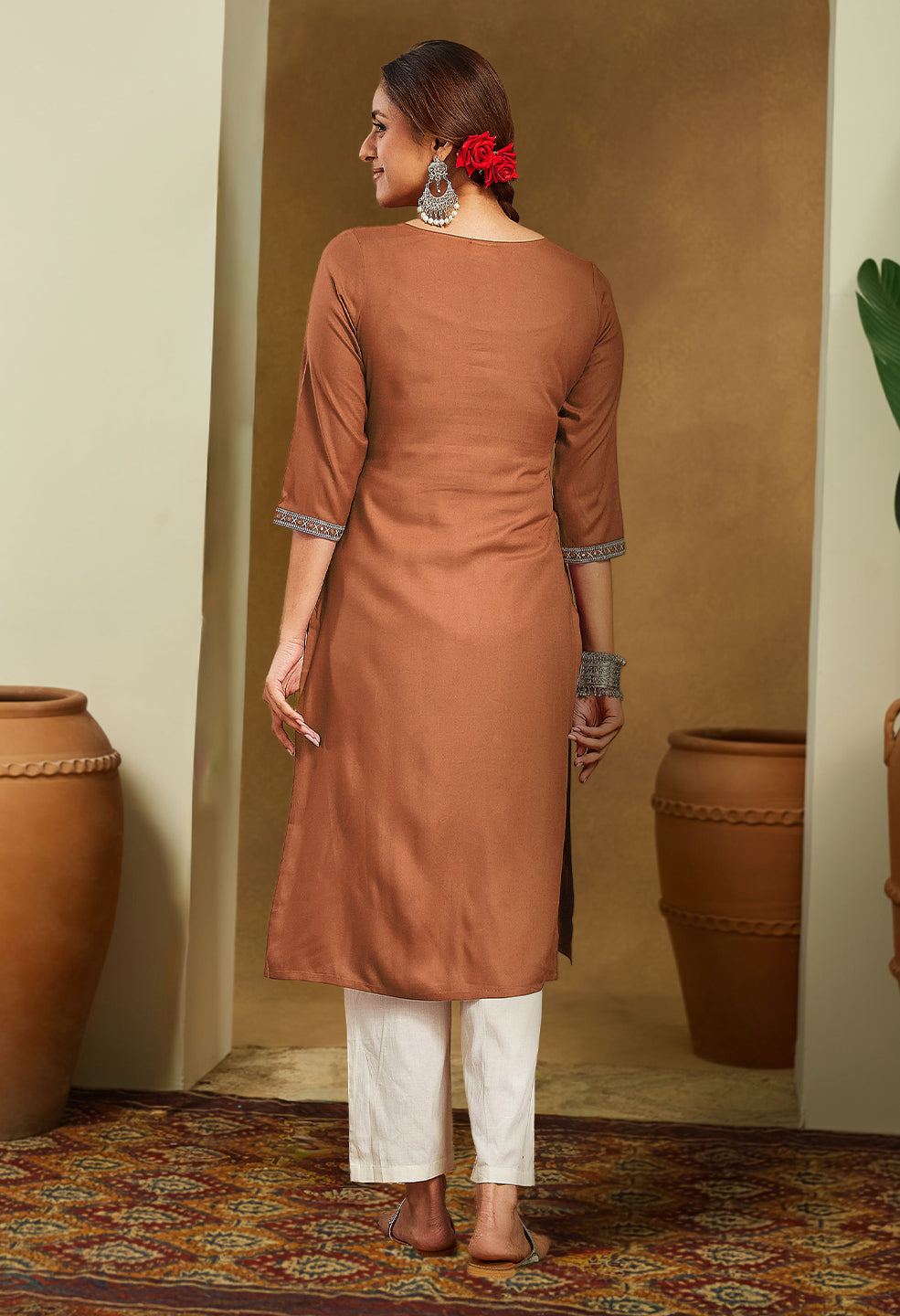 ResellerMart Women's Brown Rayon Embroidered Straight Kurta