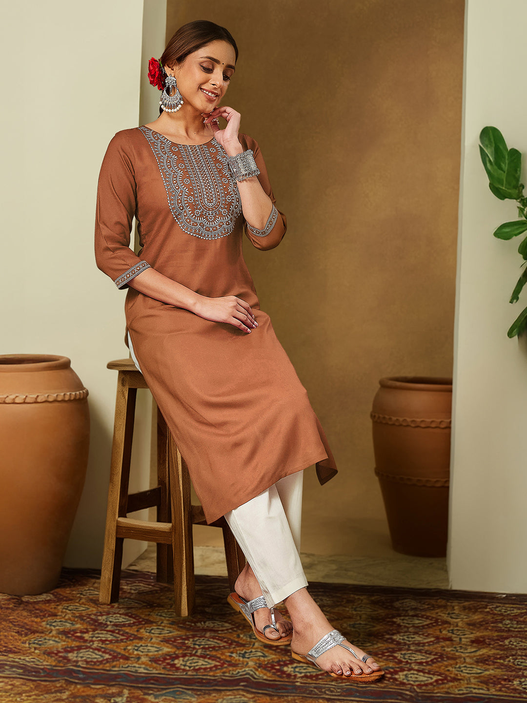 ResellerMart Women's Brown Rayon Embroidered Straight Kurta