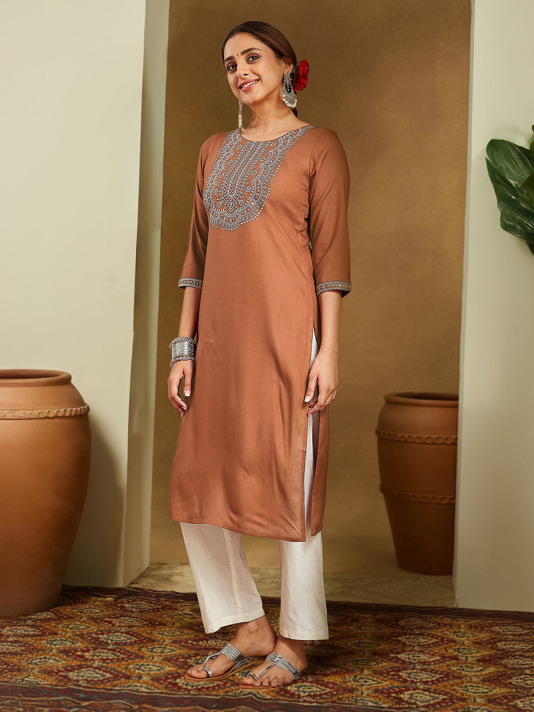 ResellerMart Women's Brown Rayon Embroidered Straight Kurta