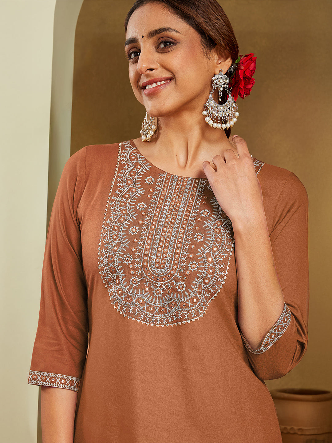 ResellerMart Women's Brown Rayon Embroidered Straight Kurta