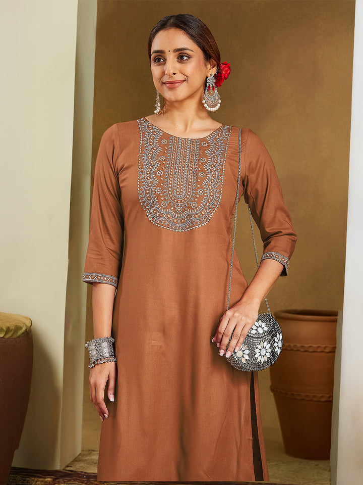 ResellerMart Women's Brown Rayon Embroidered Straight Kurta