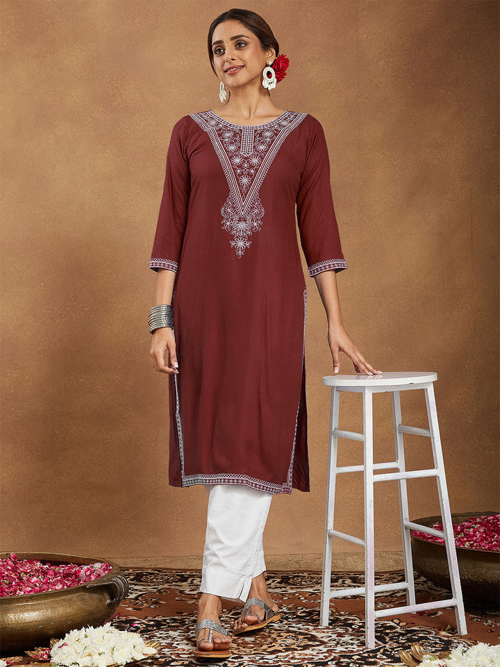ResellerMart Women's Maroon Rayon Embroidered Straight Kurta