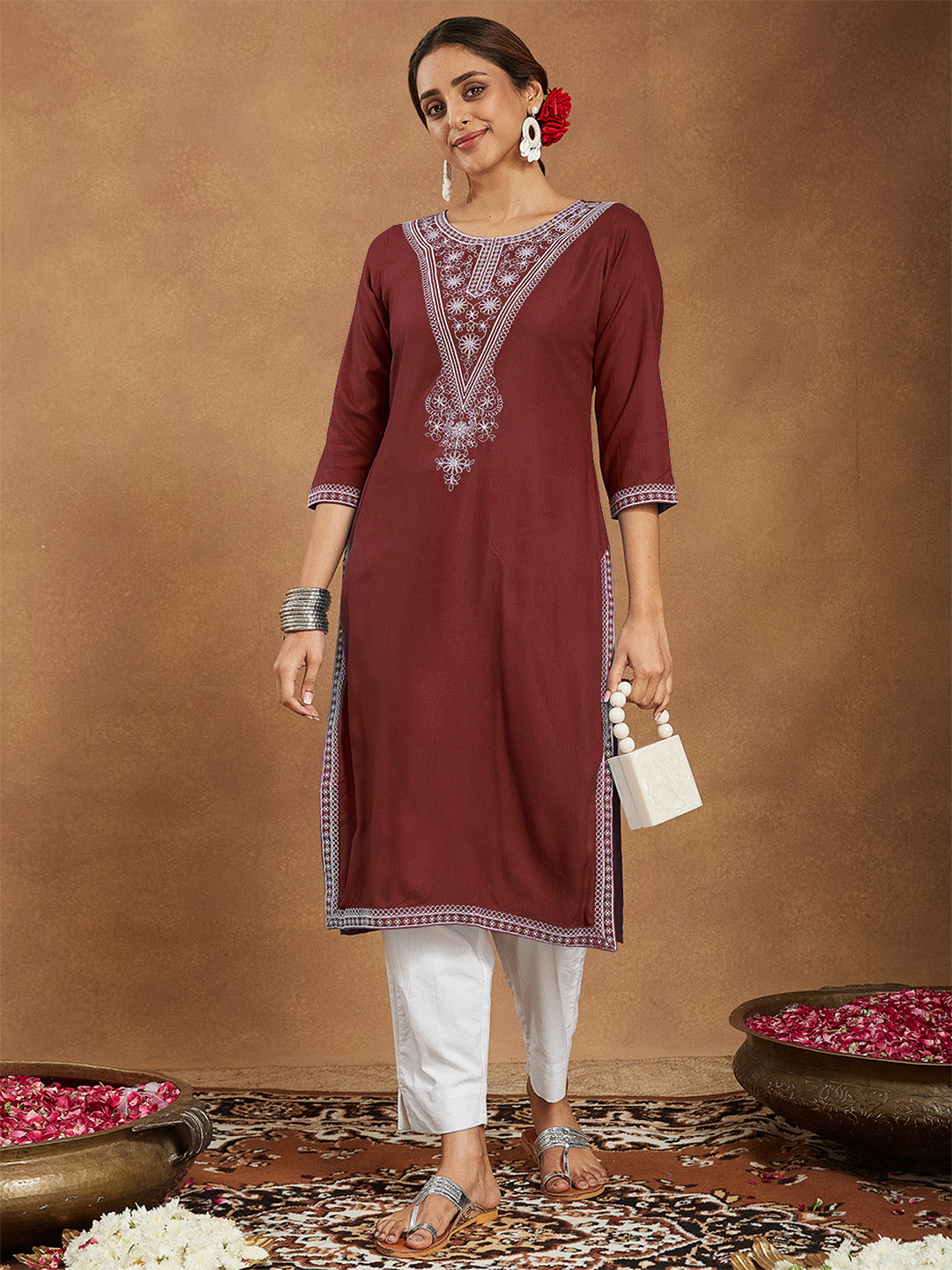 ResellerMart Women's Maroon Rayon Embroidered Straight Kurta