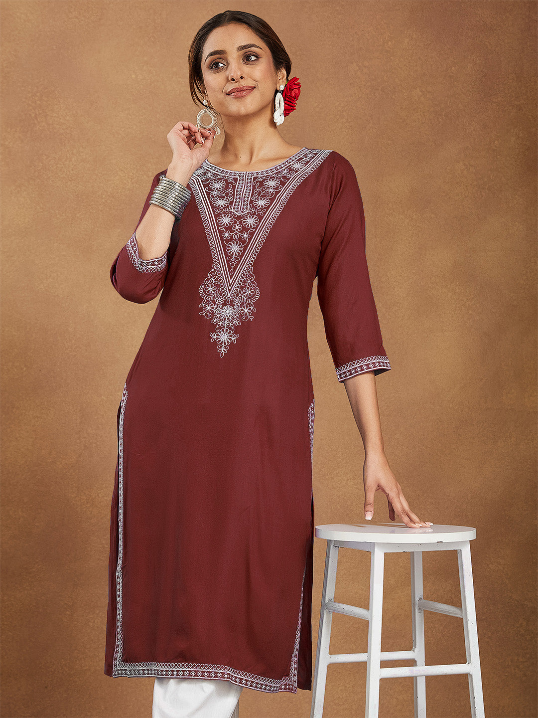 ResellerMart Women's Maroon Rayon Embroidered Straight Kurta