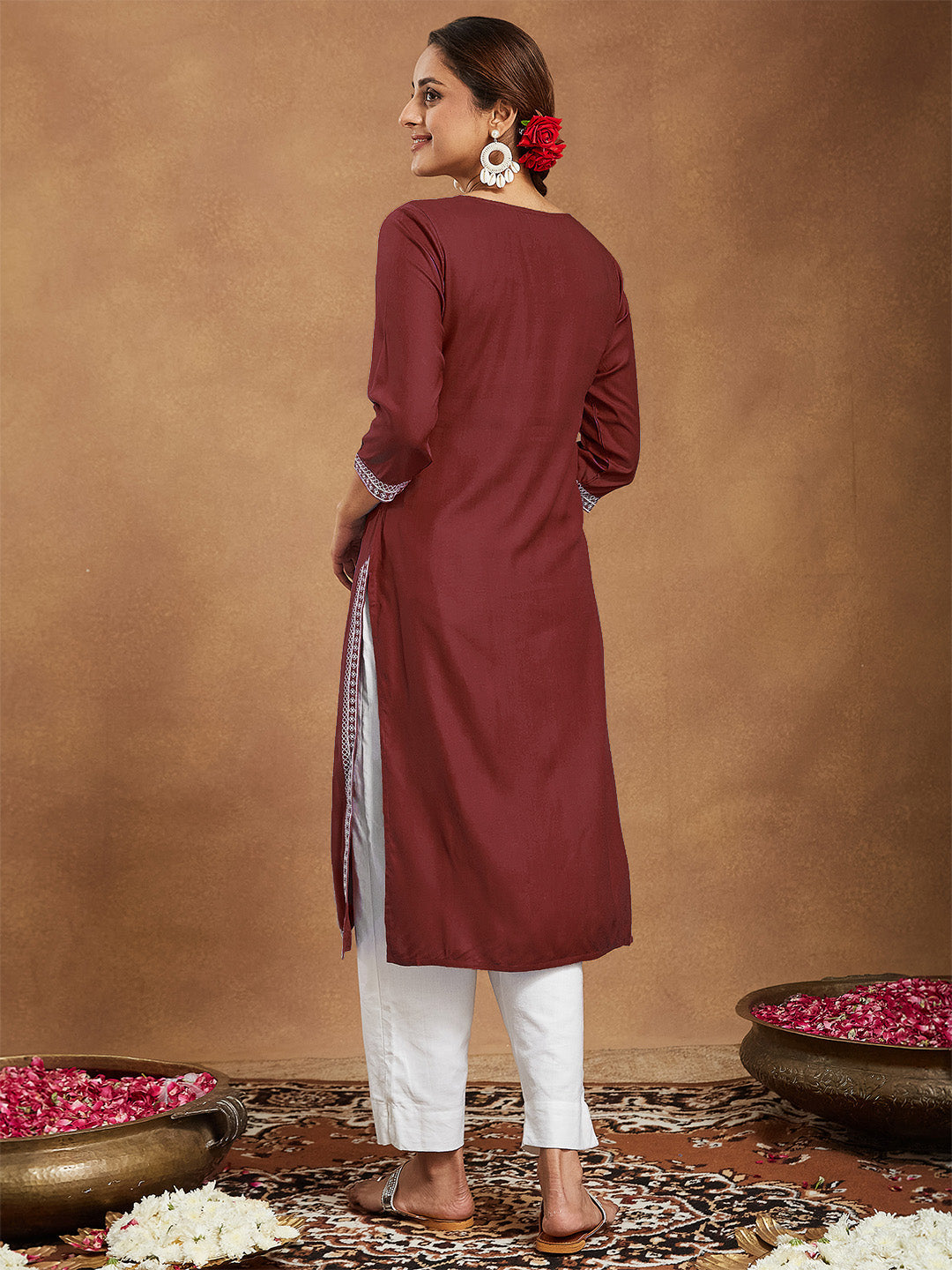 ResellerMart Women's Maroon Rayon Embroidered Straight Kurta