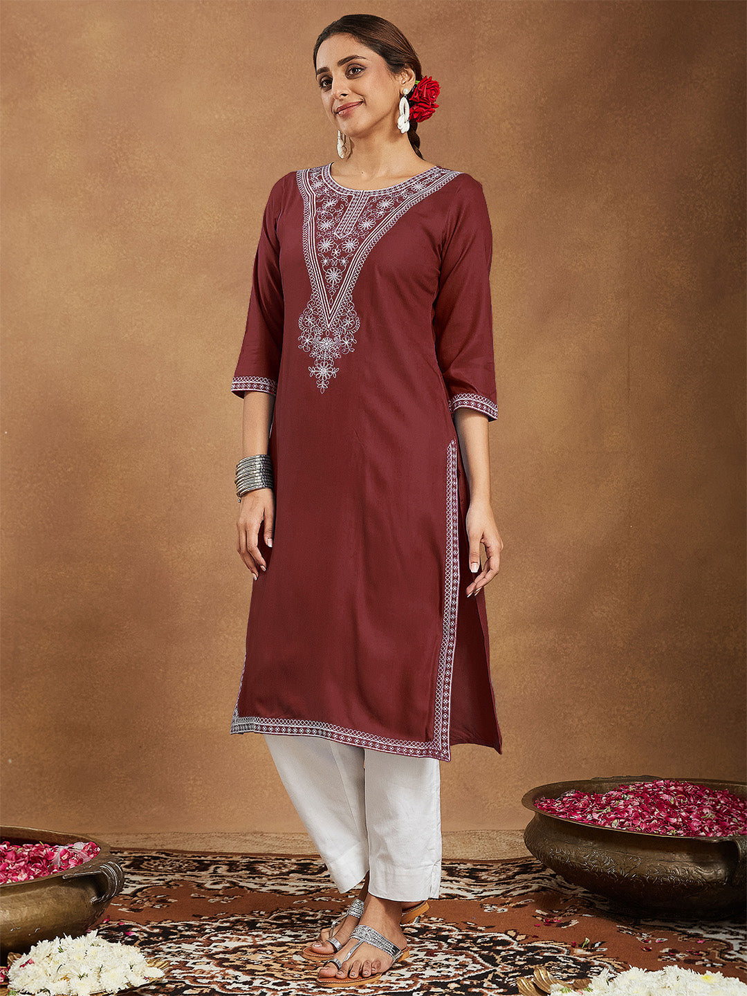 ResellerMart Women's Maroon Rayon Embroidered Straight Kurta