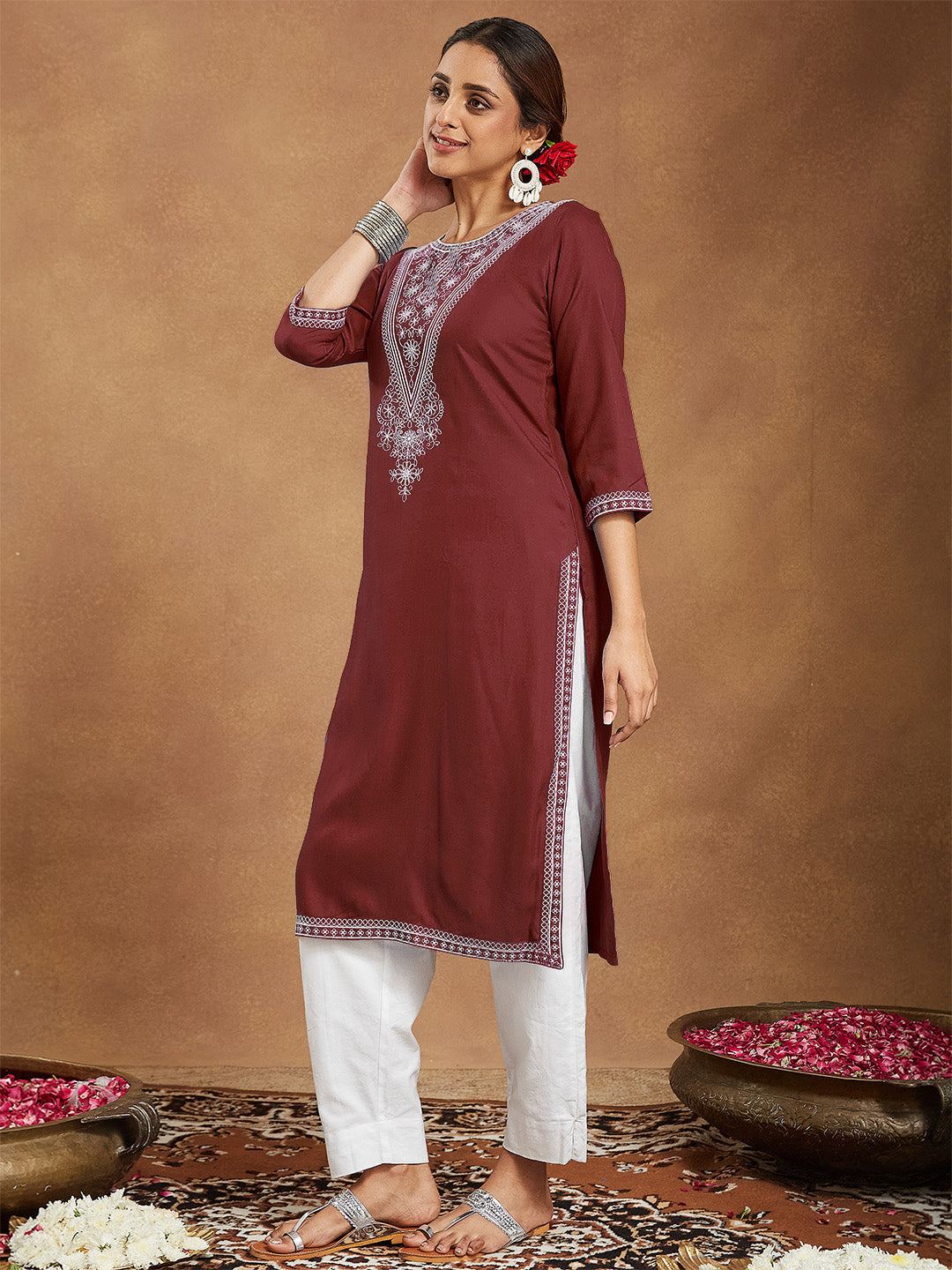 ResellerMart Women's Maroon Rayon Embroidered Straight Kurta