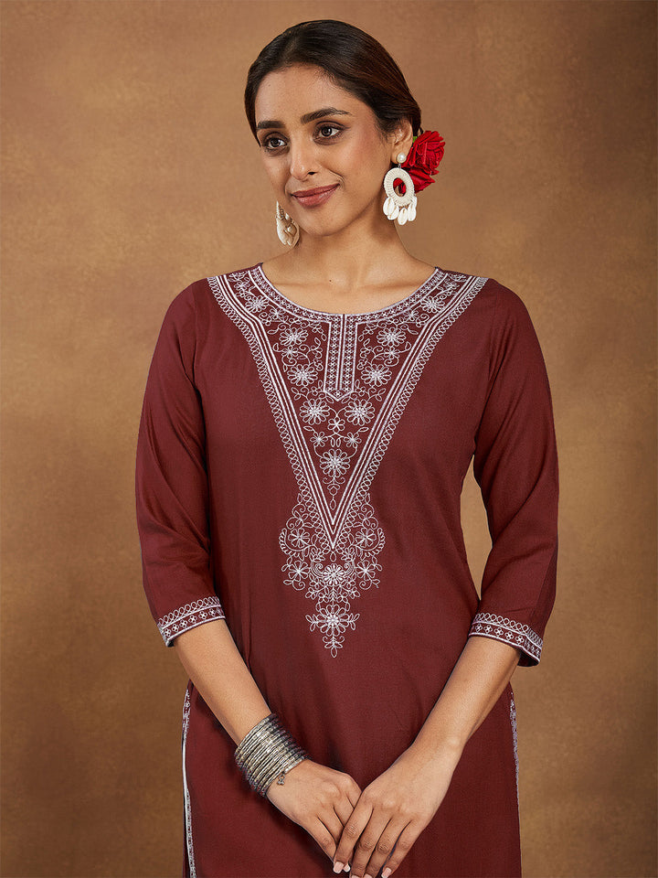 ResellerMart Women's Maroon Rayon Embroidered Straight Kurta