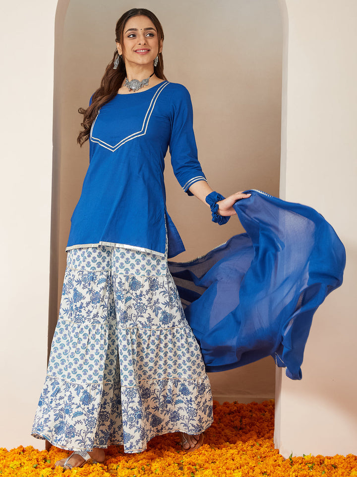 ResellerMart Women's Blue Pure Cotton Yoke Design Straight Kurti With Printed Sharara & Dupatta Set