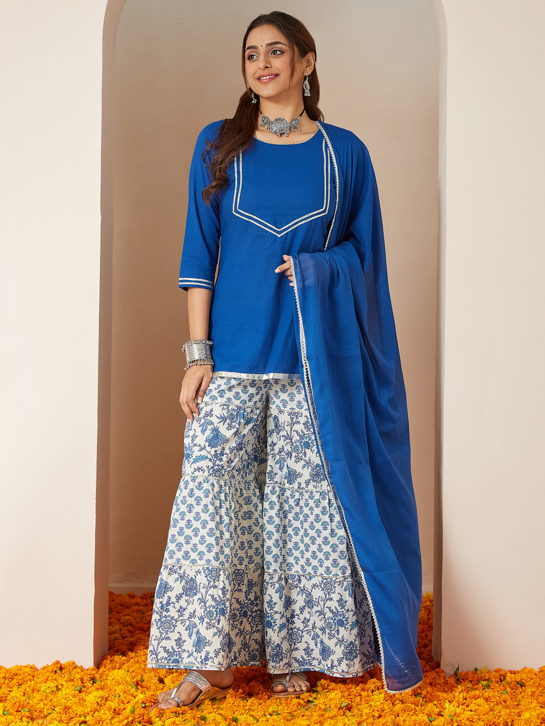 ResellerMart Women's Blue Pure Cotton Yoke Design Straight Kurti With Printed Sharara & Dupatta Set