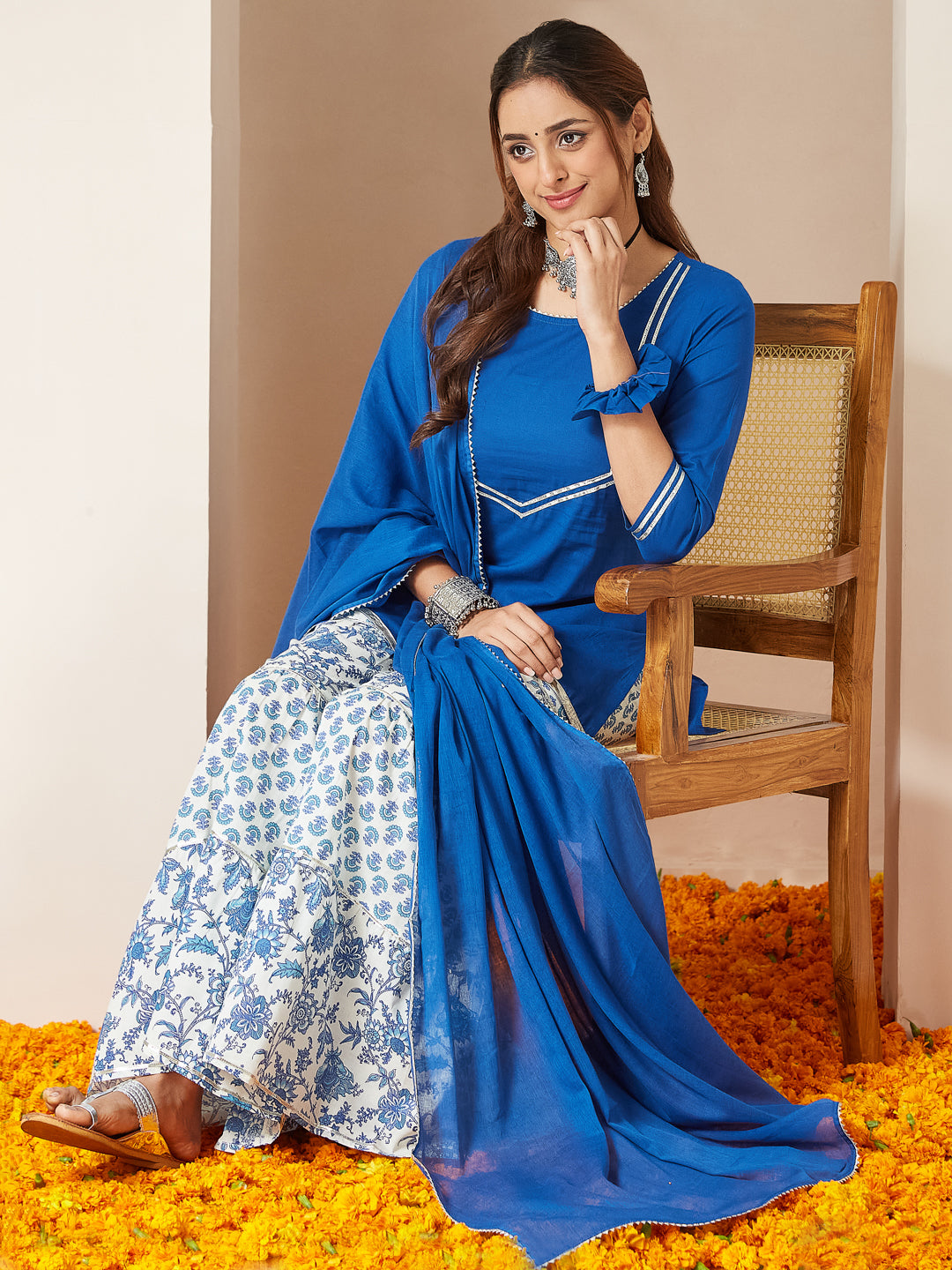 ResellerMart Women's Blue Pure Cotton Yoke Design Straight Kurti With Printed Sharara & Dupatta Set