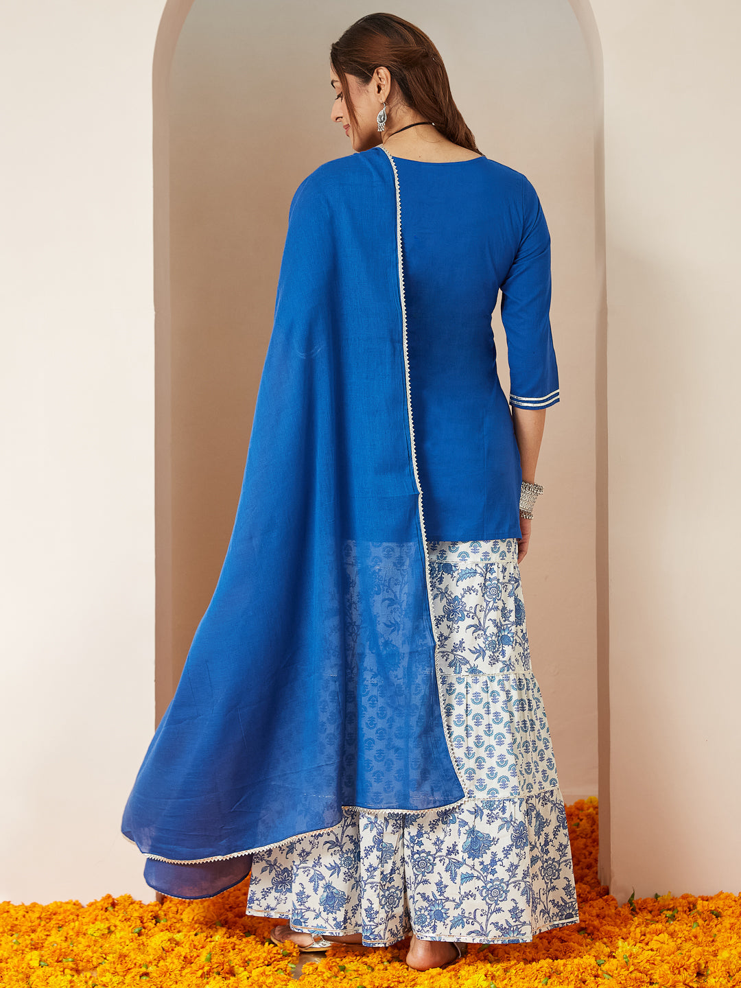 ResellerMart Women's Blue Pure Cotton Yoke Design Straight Kurti With Printed Sharara & Dupatta Set