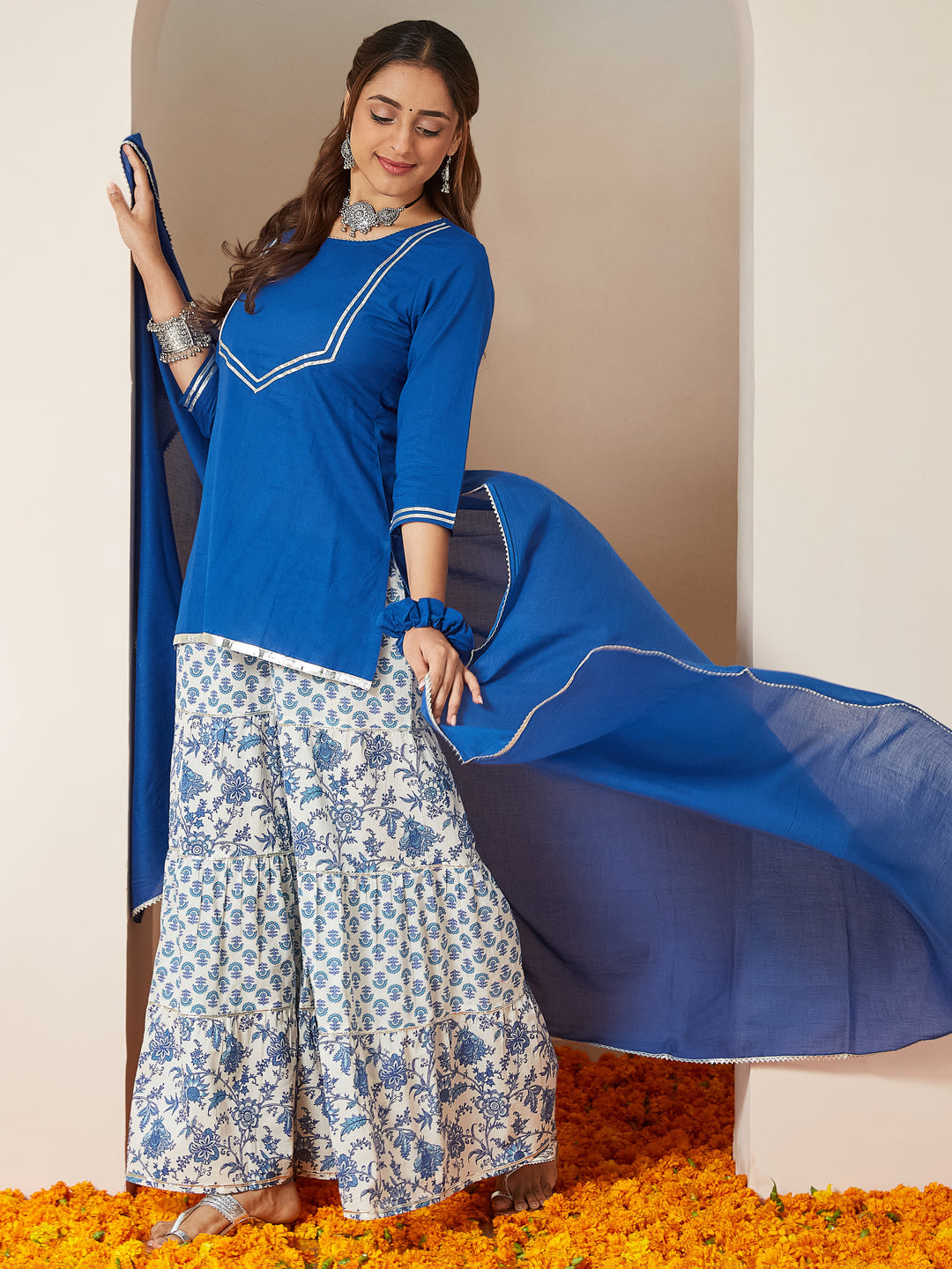 ResellerMart Women's Blue Pure Cotton Yoke Design Straight Kurti With Printed Sharara & Dupatta Set