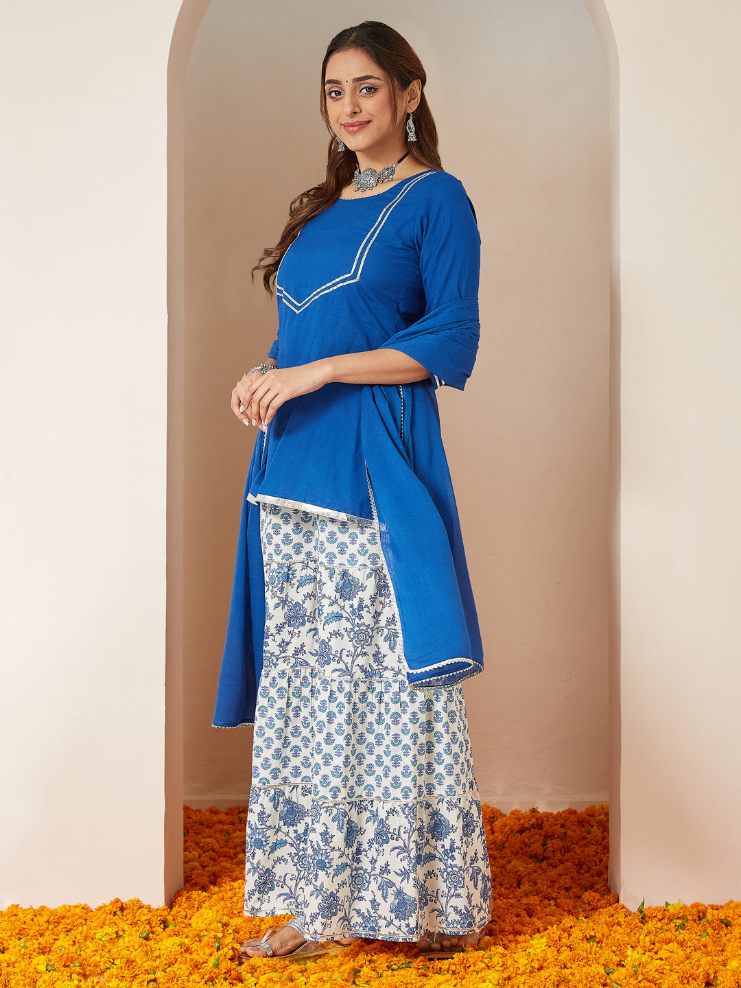 ResellerMart Women's Blue Pure Cotton Yoke Design Straight Kurti With Printed Sharara & Dupatta Set