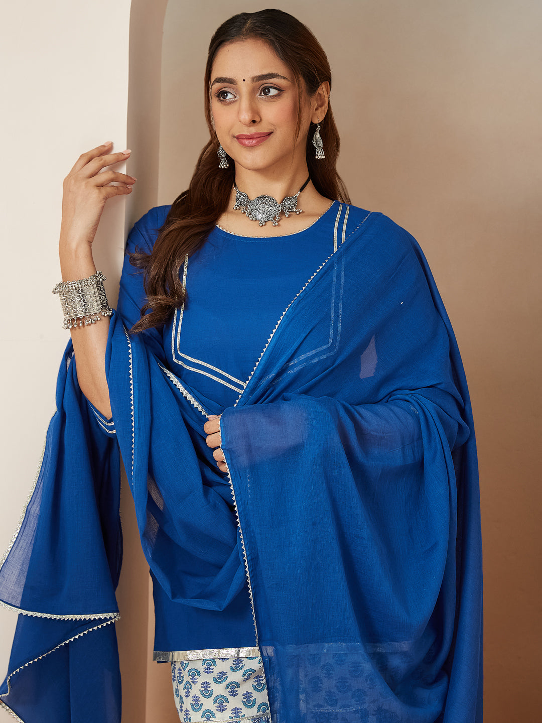 ResellerMart Women's Blue Pure Cotton Yoke Design Straight Kurti With Printed Sharara & Dupatta Set