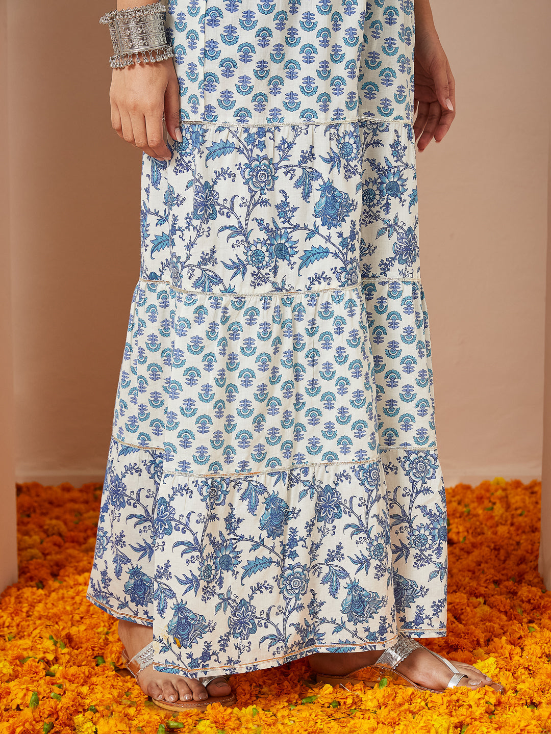 ResellerMart Women's Blue Pure Cotton Yoke Design Straight Kurti With Printed Sharara & Dupatta Set